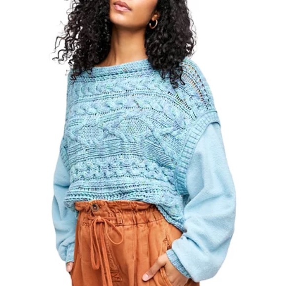 Free People Sweaters - Free People Honey Cable Pullover Sweater Siren Blue OB1230305 Casual Boho Medium
